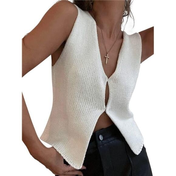 Tops - Crochet Knit V-Neck Tank Top – Sleeveless Button Down Vest Shirt